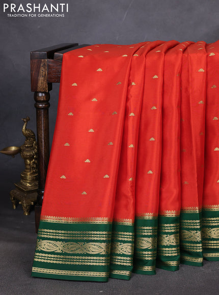 Pure mysore silk saree rustic orange and green with zari woven buttas and zari woven border