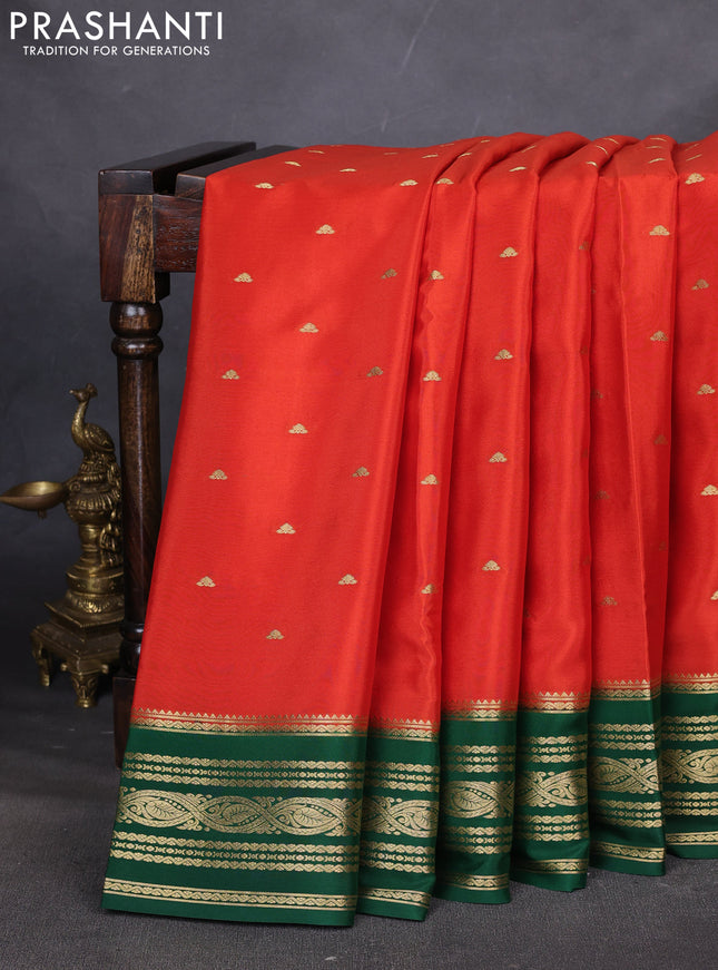 Pure mysore silk saree rustic orange and green with zari woven buttas and zari woven border