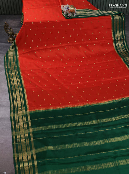 Pure mysore silk saree rustic orange and green with zari woven buttas and zari woven border