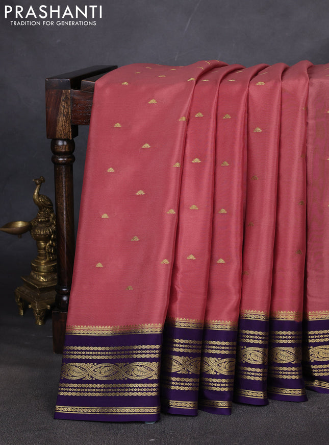 Pure mysore silk saree dark peach and violet with zari woven buttas and zari woven border