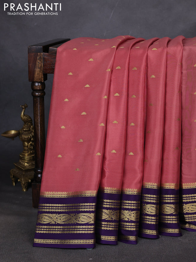 Pure mysore silk saree dark peach and violet with zari woven buttas and zari woven border