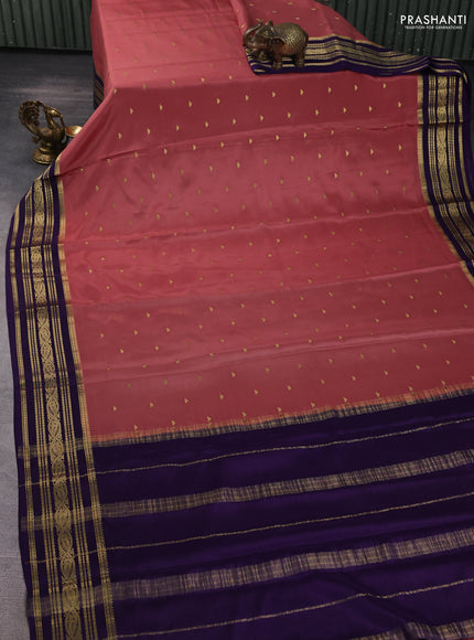 Pure mysore silk saree dark peach and violet with zari woven buttas and zari woven border