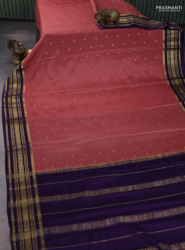 Pure mysore silk saree dark peach and violet with zari woven buttas and zari woven border