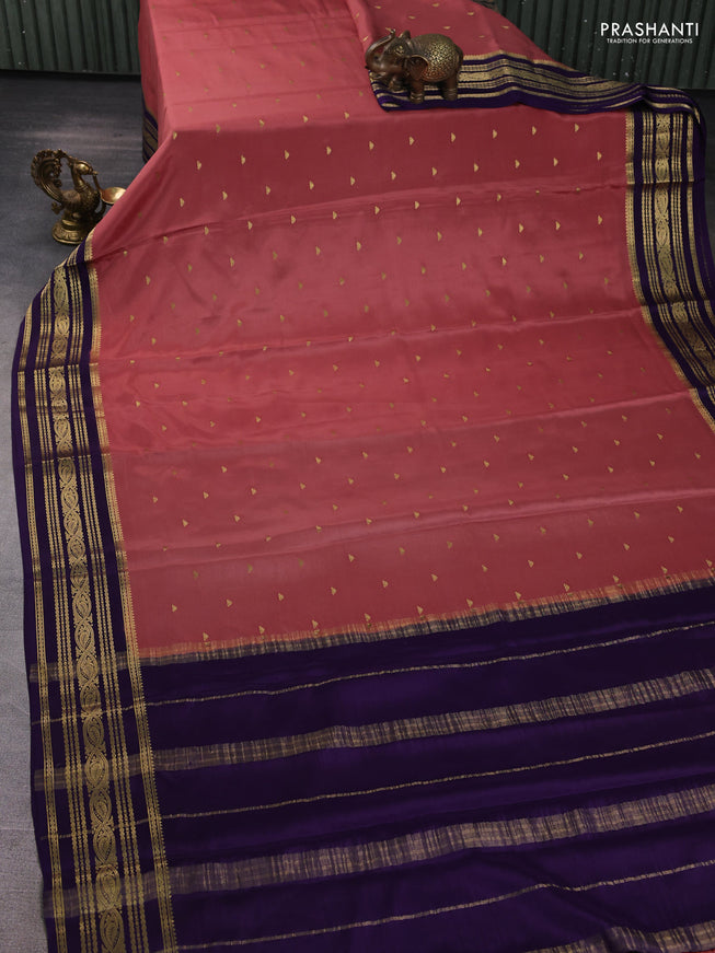 Pure mysore silk saree dark peach and violet with zari woven buttas and zari woven border