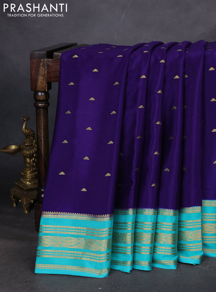 Pure mysore silk saree dark blue and teal blue with zari woven buttas and zari woven border
