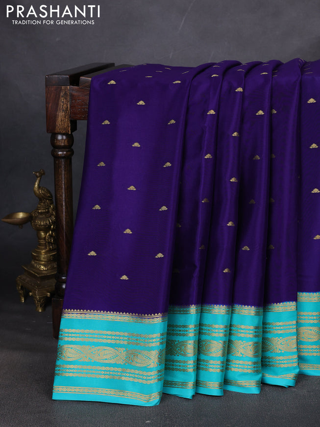 Pure mysore silk saree dark blue and teal blue with zari woven buttas and zari woven border