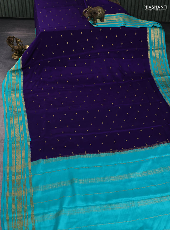 Pure mysore silk saree dark blue and teal blue with zari woven buttas and zari woven border