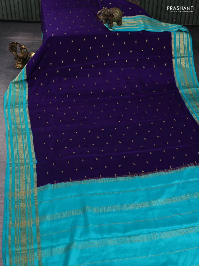 Pure mysore silk saree dark blue and teal blue with zari woven buttas and zari woven border