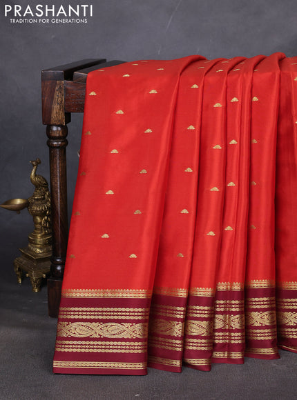 Pure mysore silk saree rustic orange and brown with zari woven buttas and zari woven elephant border