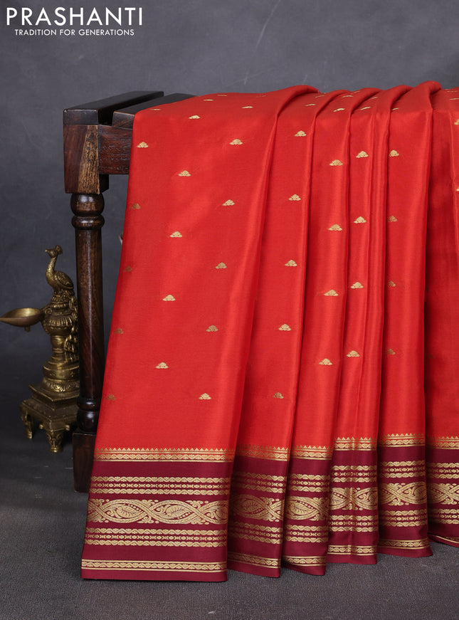 Pure mysore silk saree rustic orange and brown with zari woven buttas and zari woven elephant border