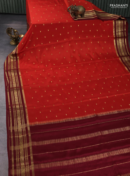 Pure mysore silk saree rustic orange and brown with zari woven buttas and zari woven elephant border