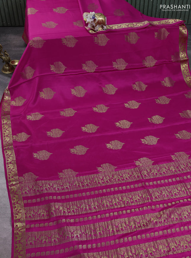 Pure mysore silk saree pink with zari woven buttas and zari woven elephant border