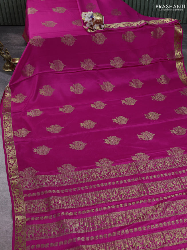 Pure mysore silk saree pink with zari woven buttas and zari woven elephant border