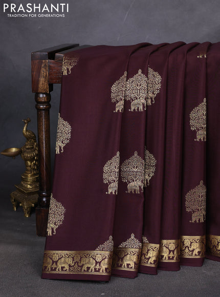 Pure mysore silk saree coffee brown with zari woven buttas and zari woven elephant border