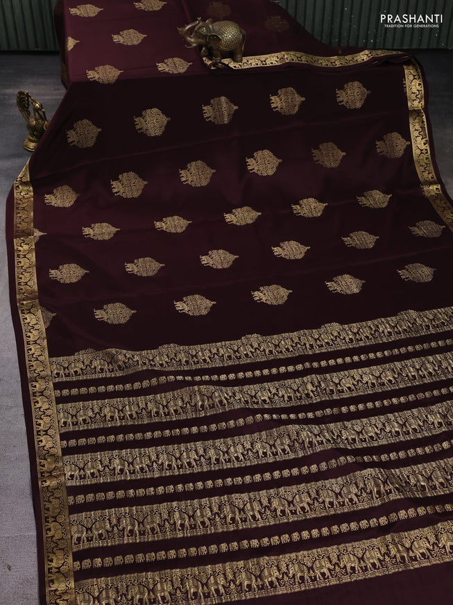 Pure mysore silk saree coffee brown with zari woven buttas and zari woven elephant border