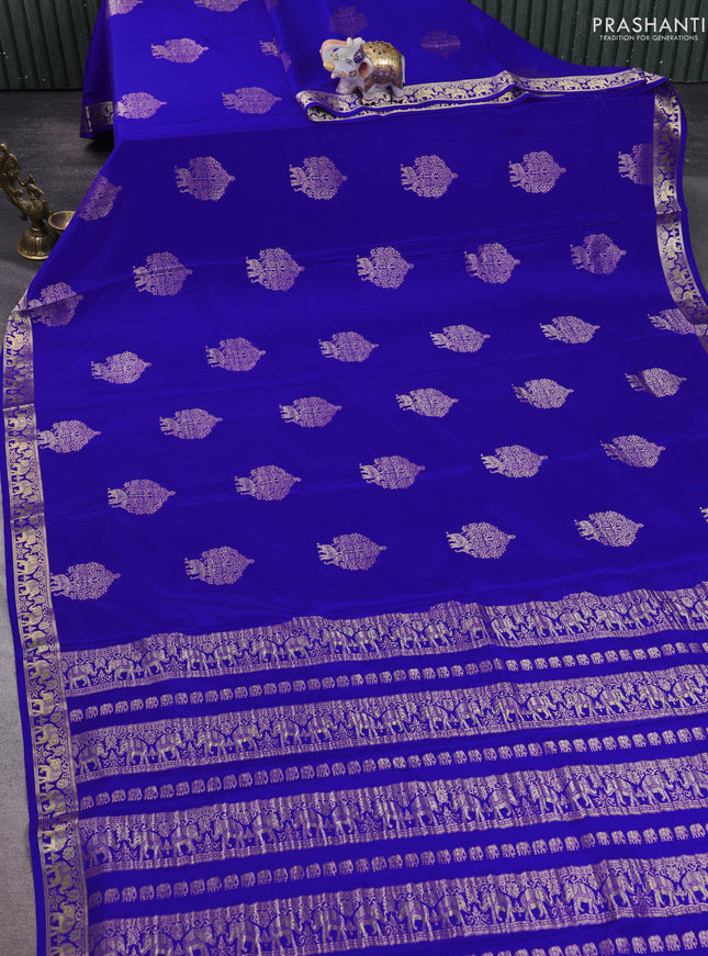 Pure mysore silk saree royal blue with zari woven buttas and zari woven elephant border