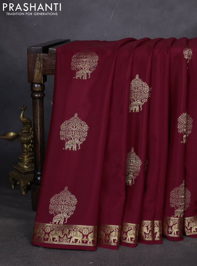 Pure mysore silk saree maroon with zari woven buttas and zari woven elephant border