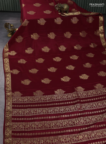 Pure mysore silk saree maroon with zari woven buttas and zari woven elephant border