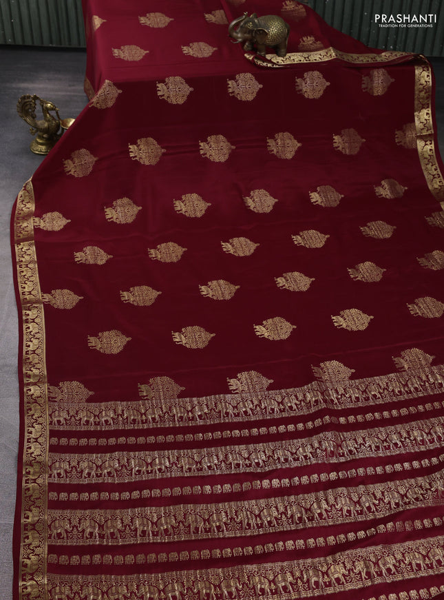 Pure mysore silk saree maroon with zari woven buttas and zari woven elephant border
