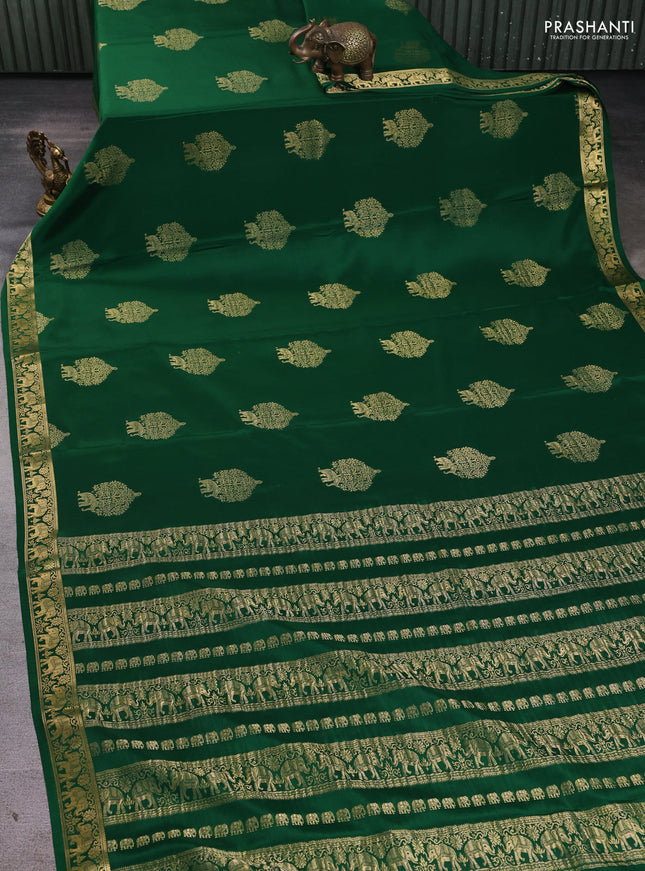 Pure mysore silk saree green with zari woven buttas and zari woven elephant border