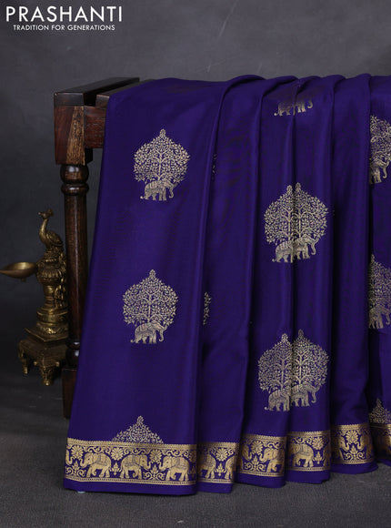 Pure mysore silk saree dark blue with zari woven buttas and zari woven elephant border