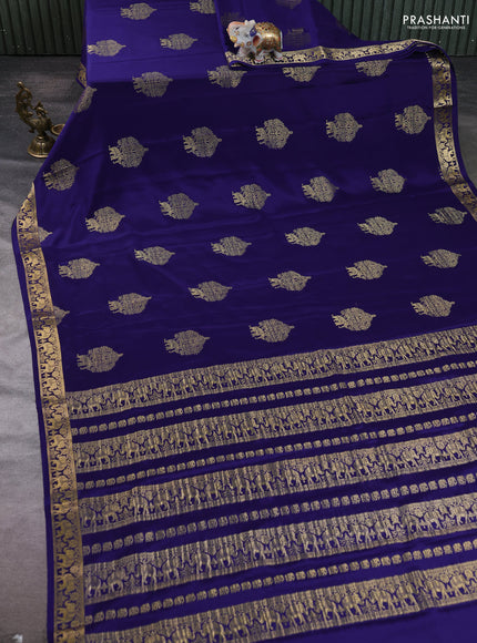Pure mysore silk saree dark blue with zari woven buttas and zari woven elephant border