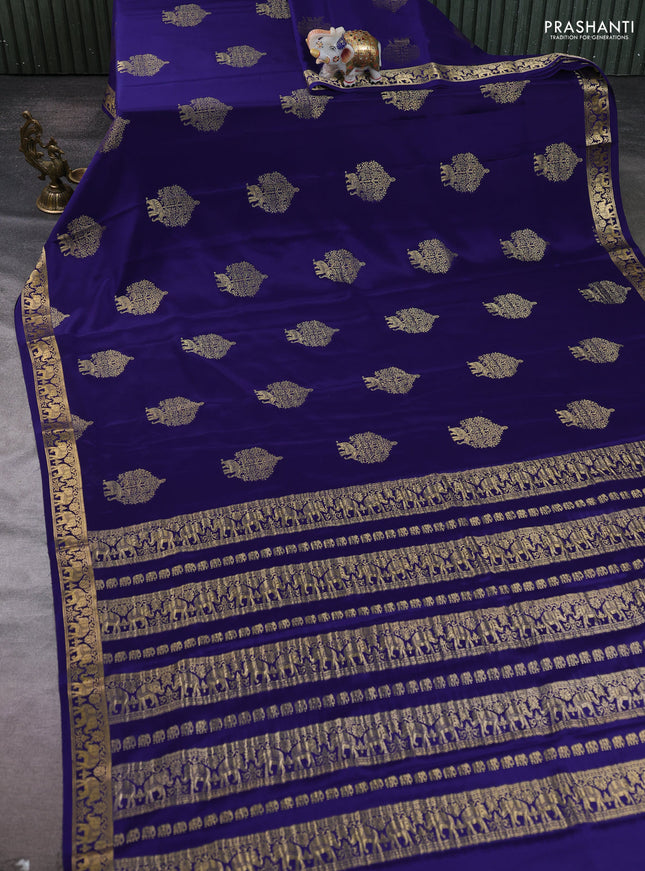 Pure mysore silk saree dark blue with zari woven buttas and zari woven elephant border