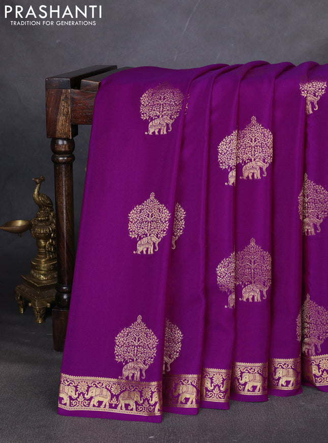 Pure mysore silk saree purple with zari woven buttas and zari woven elephant border