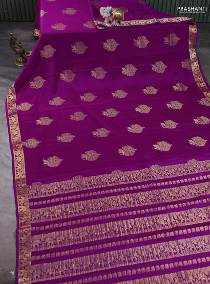 Pure mysore silk saree purple with zari woven buttas and zari woven elephant border