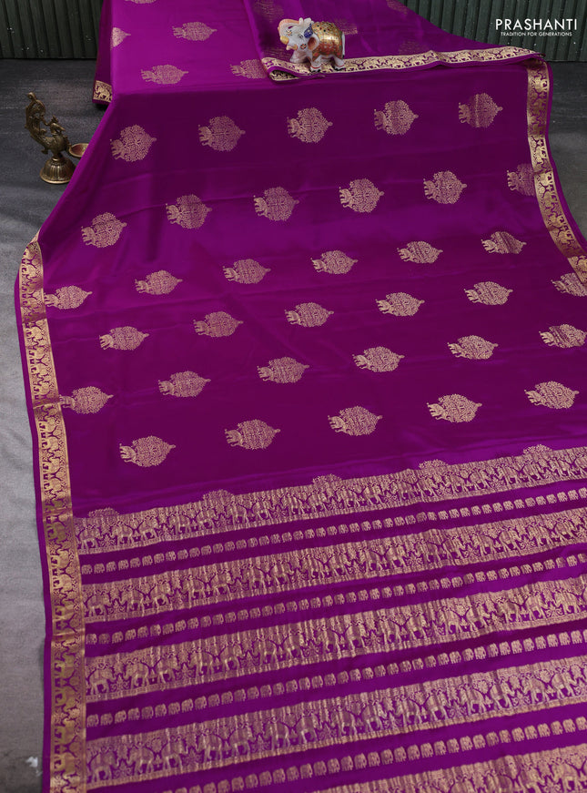 Pure mysore silk saree purple with zari woven buttas and zari woven elephant border