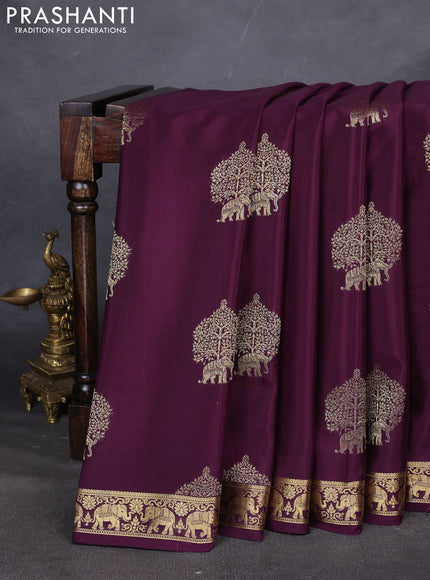 Pure mysore silk saree wine shade with zari woven buttas and zari woven elephant border