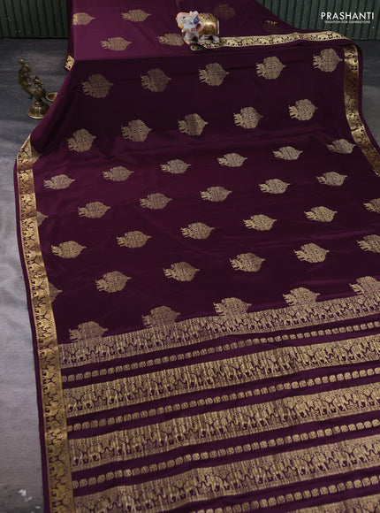 Pure mysore silk saree wine shade with zari woven buttas and zari woven elephant border