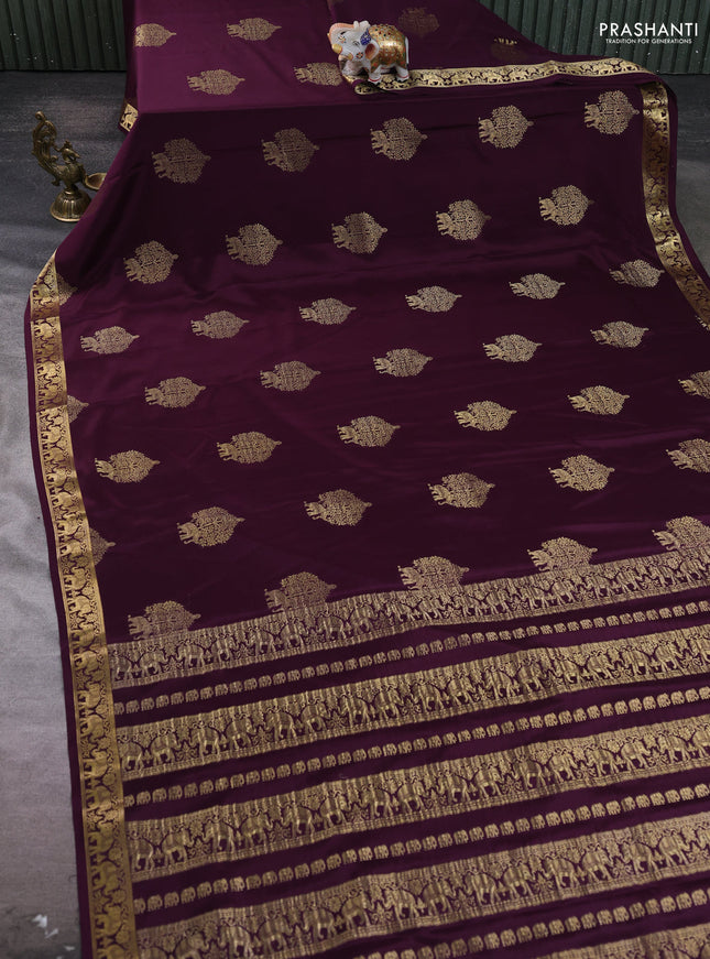 Pure mysore silk saree wine shade with zari woven buttas and zari woven elephant border