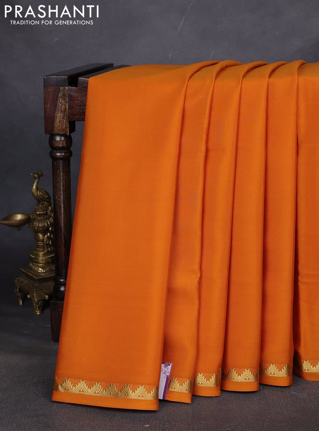 Pure mysore silk saree dark mustard with plain body and temple zari woven border