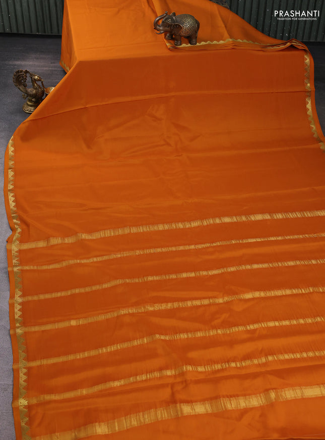 Pure mysore silk saree dark mustard with plain body and temple zari woven border