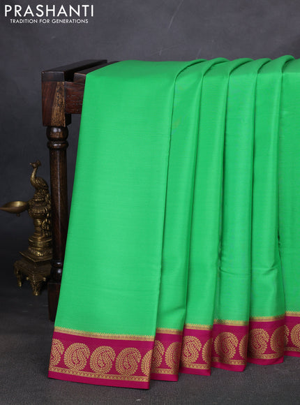 Pure mysore silk saree green and dark pink with plain body and paisley zari woven border