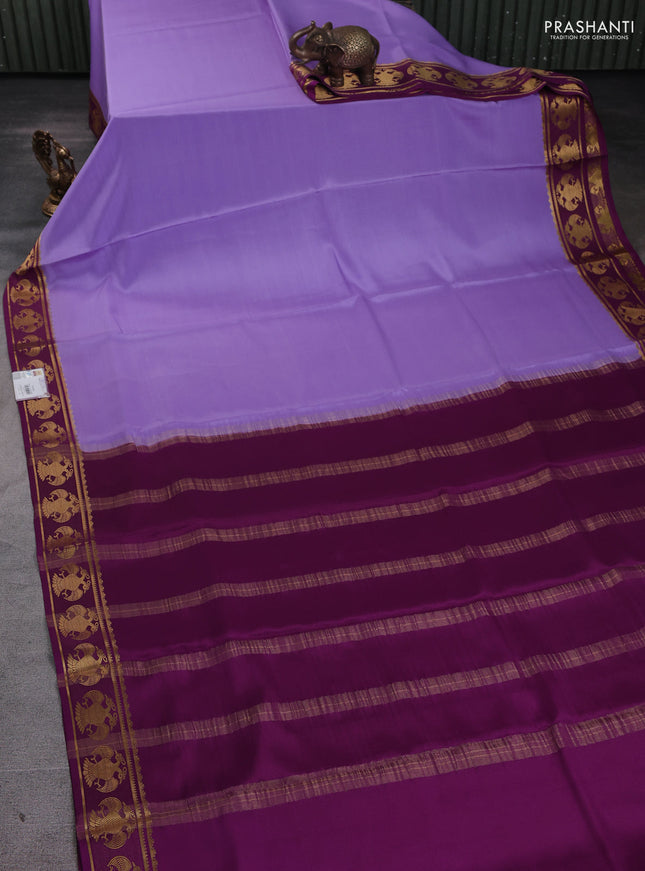 Pure mysore silk saree lavender and purple with plain body and zari woven border