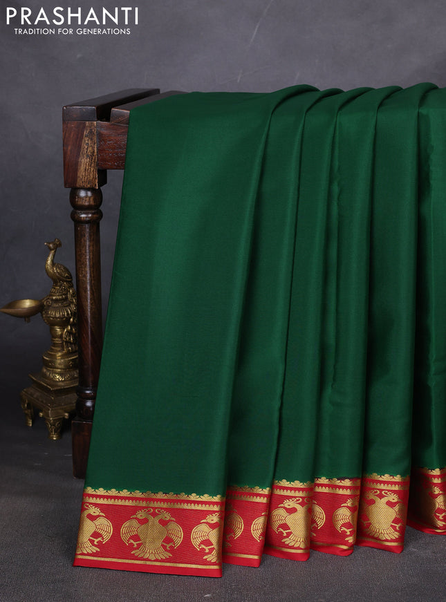 Pure mysore silk saree green and red with plain body and zari woven border
