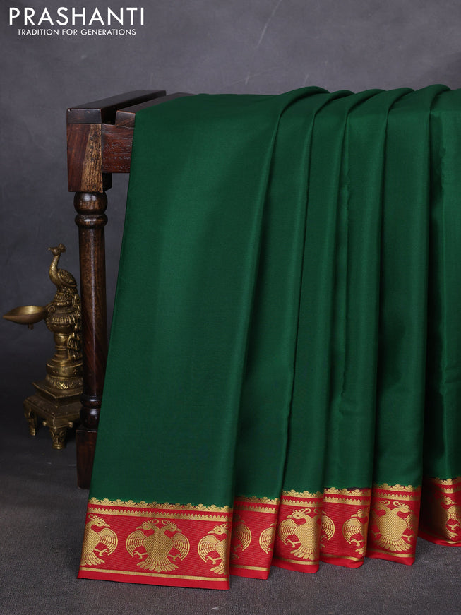Pure mysore silk saree green and red with plain body and zari woven border