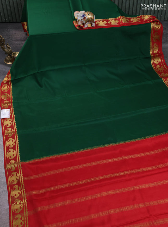 Pure mysore silk saree green and red with plain body and zari woven border