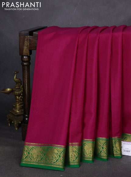 Pure mysore silk saree magenta pink and green with plain body and elephant zari woven border