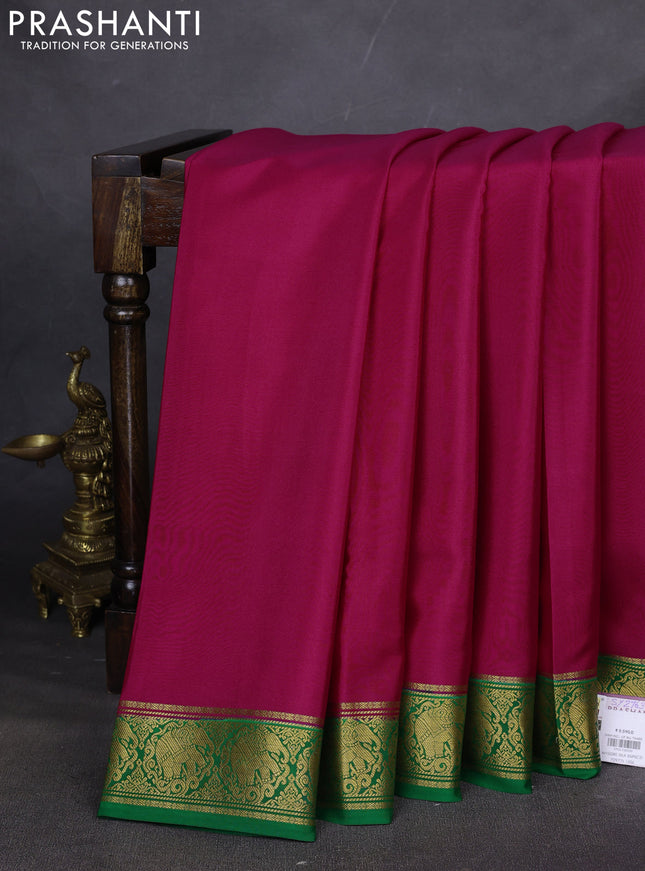 Pure mysore silk saree magenta pink and green with plain body and elephant zari woven border