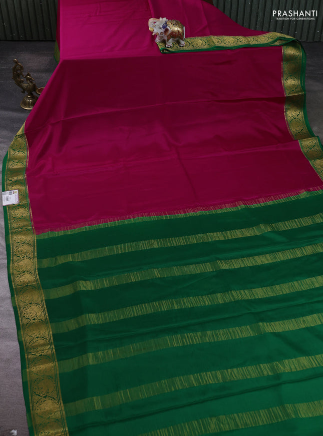 Pure mysore silk saree magenta pink and green with plain body and elephant zari woven border