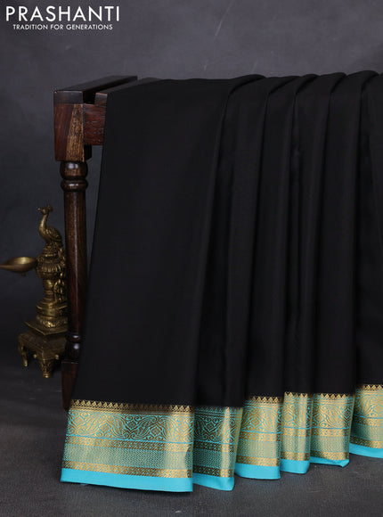 Pure mysore silk saree black and light blue with plain body and zari woven border