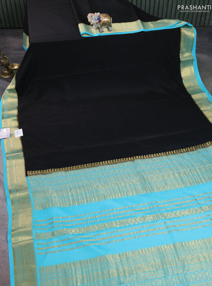 Pure mysore silk saree black and light blue with plain body and zari woven border