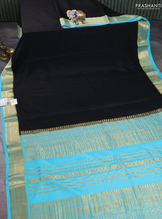 Pure mysore silk saree black and light blue with plain body and zari woven border