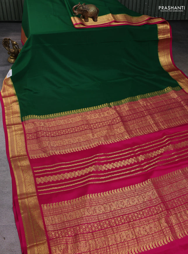 Pure mysore silk saree green and pink with plain body and zari woven border