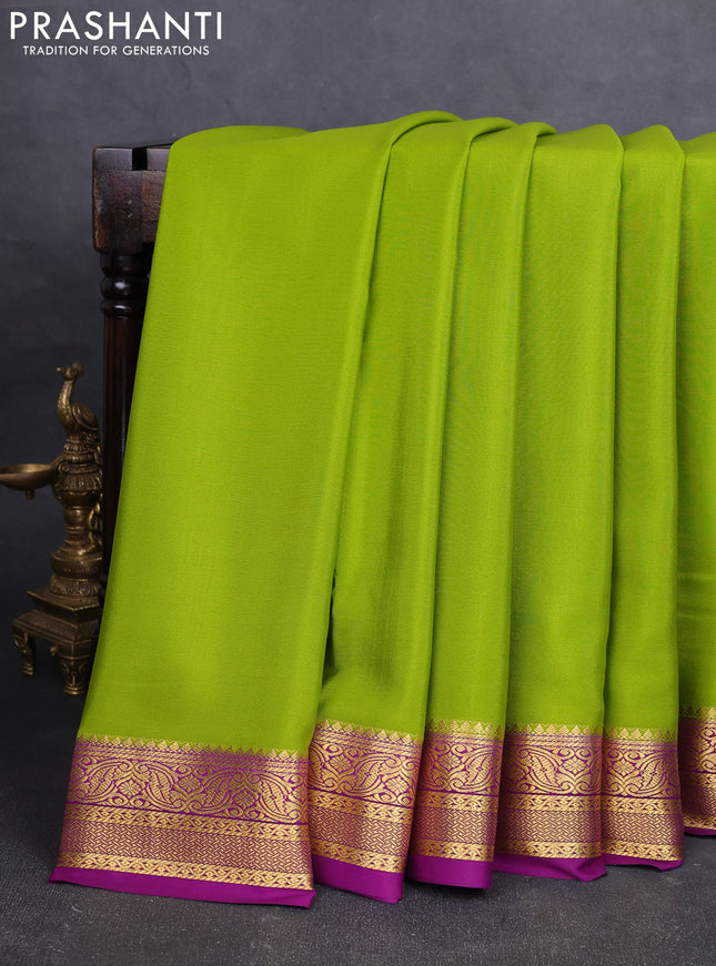 Pure mysore silk saree light green and purple with plain body and zari woven border