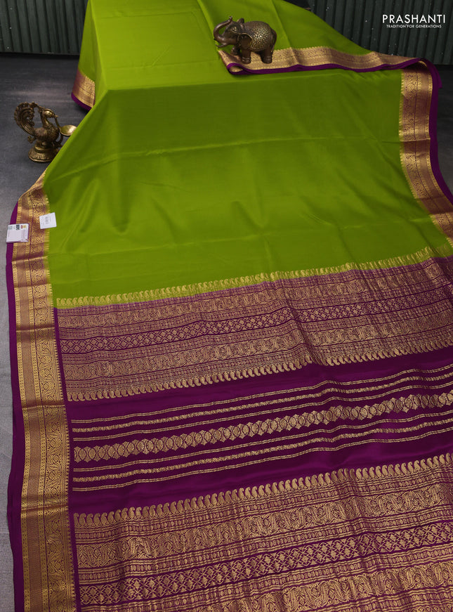 Pure mysore silk saree light green and purple with plain body and zari woven border