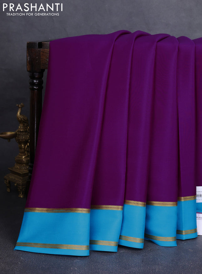 Pure mysore silk saree purple and cs blue with plain body and rettapet zari woven border
